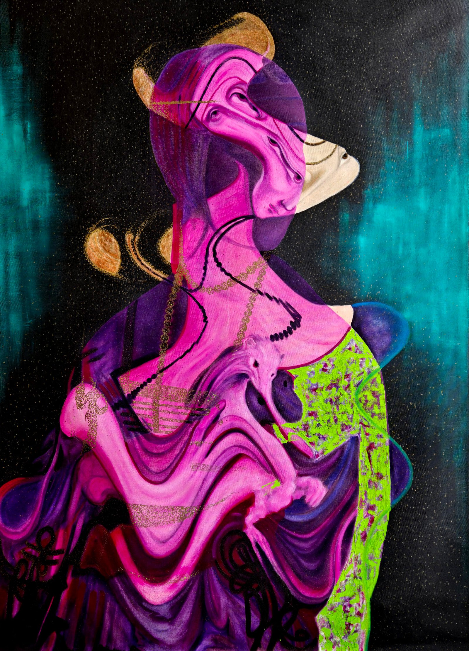 Lady-With-Ermine-After-Picasso-2024-acrylic-oil-and-pastel-on-canvas-49-x-35-inches