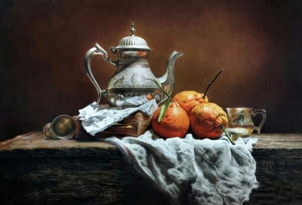 Oranges-and-Teapot-on-wooden-table