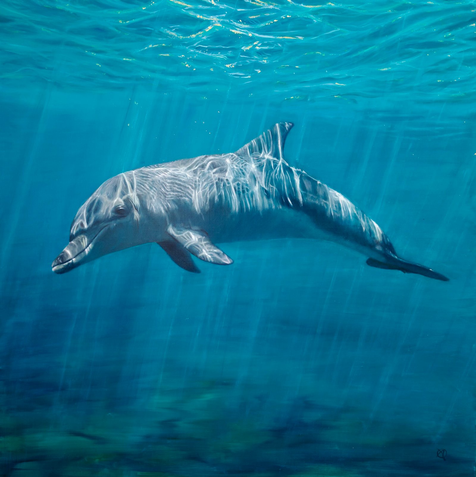 Golden-Ocean-Reflection-Dolphin-70x70cm-Oil-and-24ct-of-goldleaf-on-aluminium-panel-Alexandra-Telgmann-1