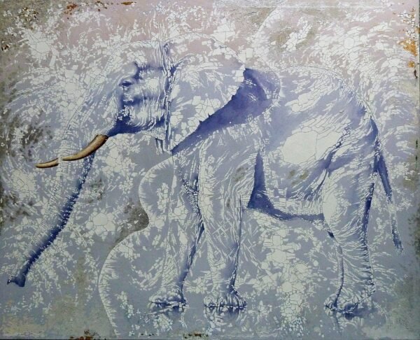 2-Elefante-Blanco162x130cm.acrlicopan-de-plata.Lienzo