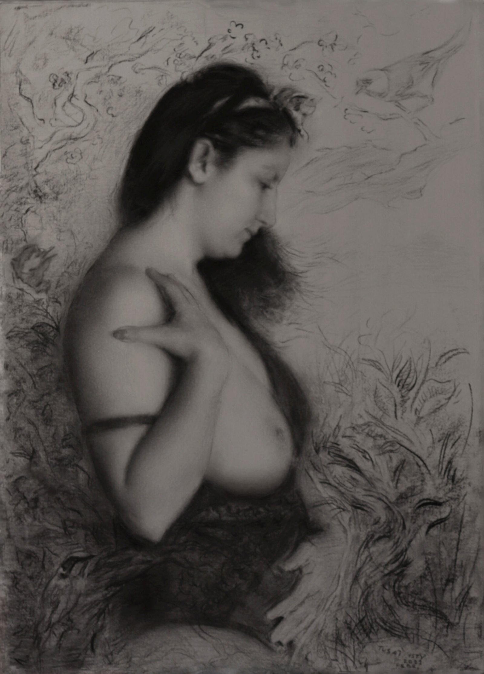 3.Tusai-Isty-Birdsong-bliss-66CM-x-86-cm-charcoal-and-pencil-drawing-on-manually-toned-paper-1